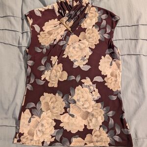 Calvin Klein Floral Sleeveless Top Purple Cream Gray Mock Neck XS